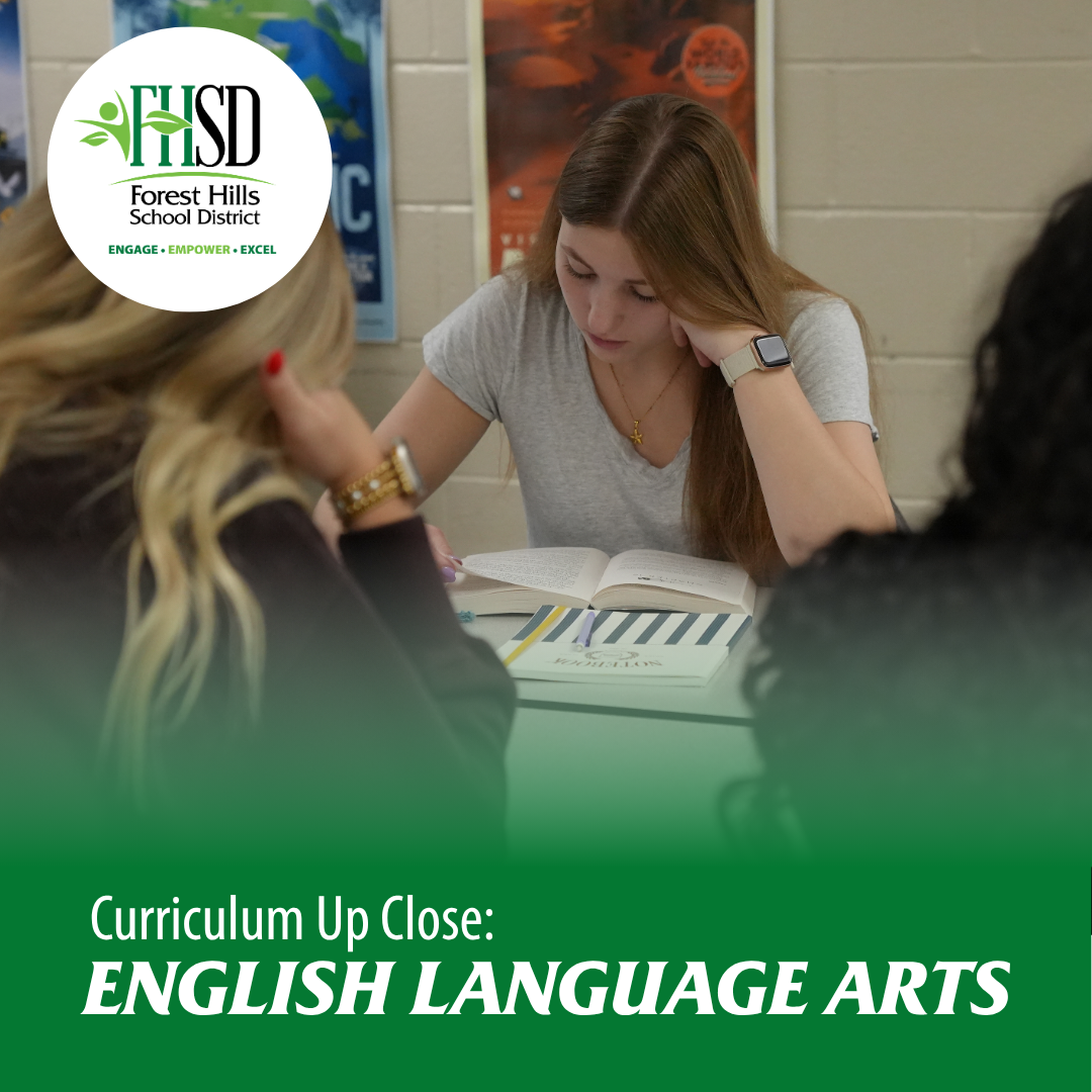 photo of student reading a book with FHSD logo in corner and title text "curriculum up close: english language arts"